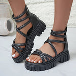 Black Pu Leather Platform Gladiator Sandals Women Summer Plus Size 43 Chunky Heels Sandles Woman 2026 Back Zipper Rome Sandalias