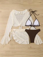 2025 4 Pieces Swimsuit with Skirt Female Swimwear Long-sleeved Cover Up Thong Bikinis Set Bather Swimming Beachwear Bathing Suit