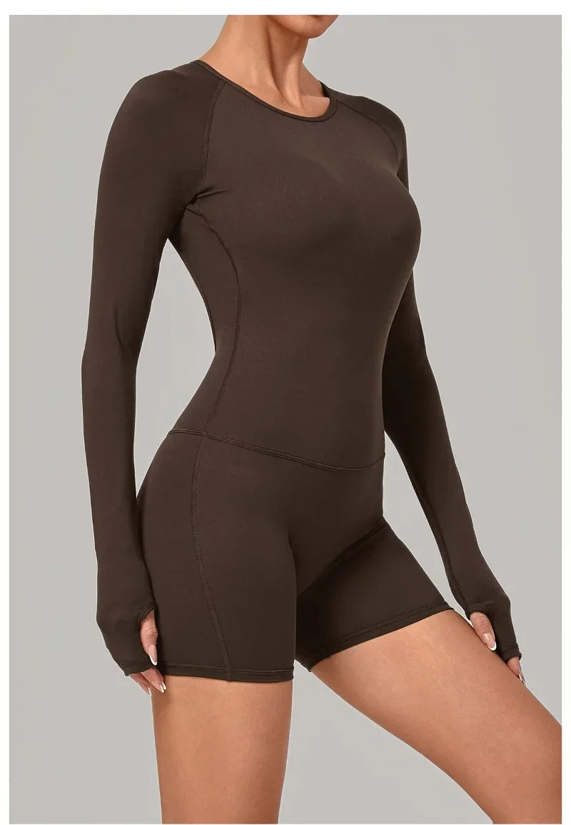 Women's Yoga Jumpsuits Sports Fitness Hip-lifting Long-sleeved Backless Running Training Workout Gym Shorts One-piece Bodysuits