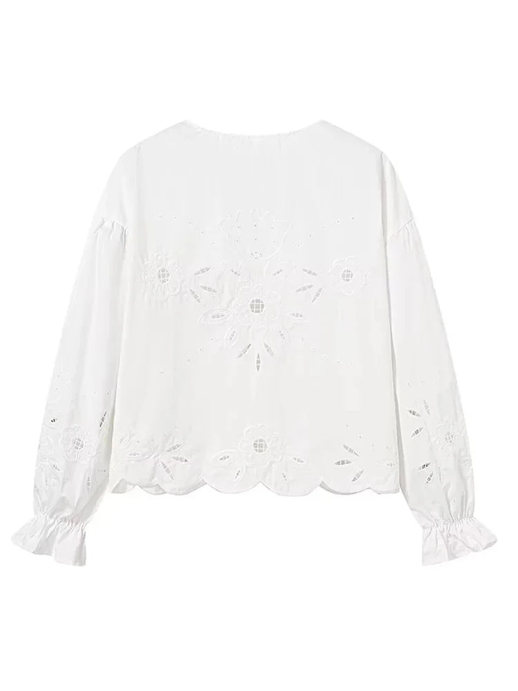 Foridol Heart Embroidery White Cotton Women Blouse Bowknot Spring Summer Lantern Sleeve Casual Shirt V Neck Loose Chic Blusa