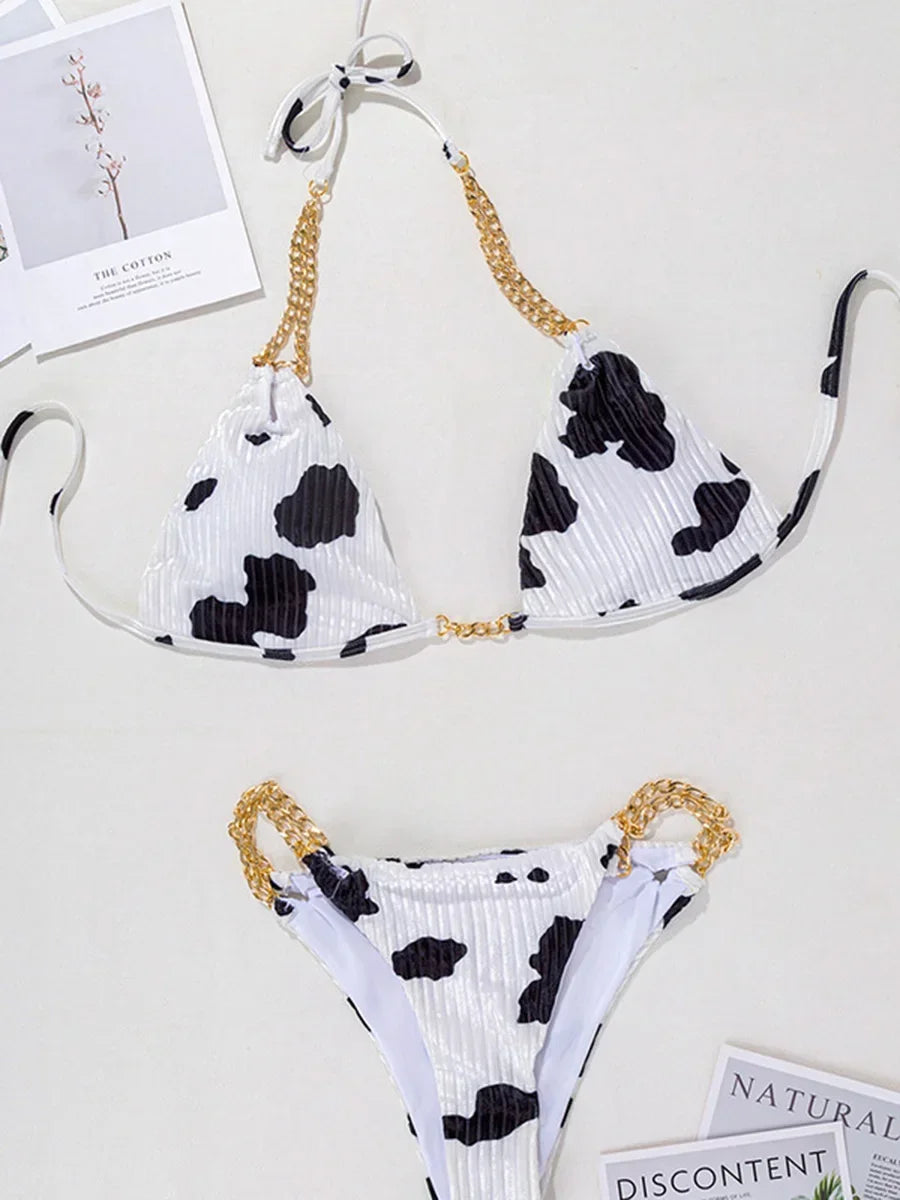 Sexy Cow Print Halter Metal Chains Brazilian Bikini Women Swimsuit Female Swimwear Two Pieces Bikini Set Bathing Suit Swim Lady