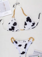 Sexy Cow Print Halter Metal Chains Brazilian Bikini Women Swimsuit Female Swimwear Two Pieces Bikini Set Bathing Suit Swim Lady