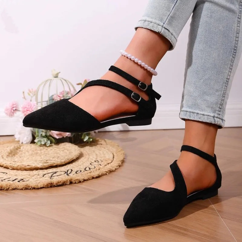 New Sandals for Women One Line Buckle Pointed Pointed-toe Flat-heeled Sandals Women's Suede Fashion Women'S Black Flats Shoes