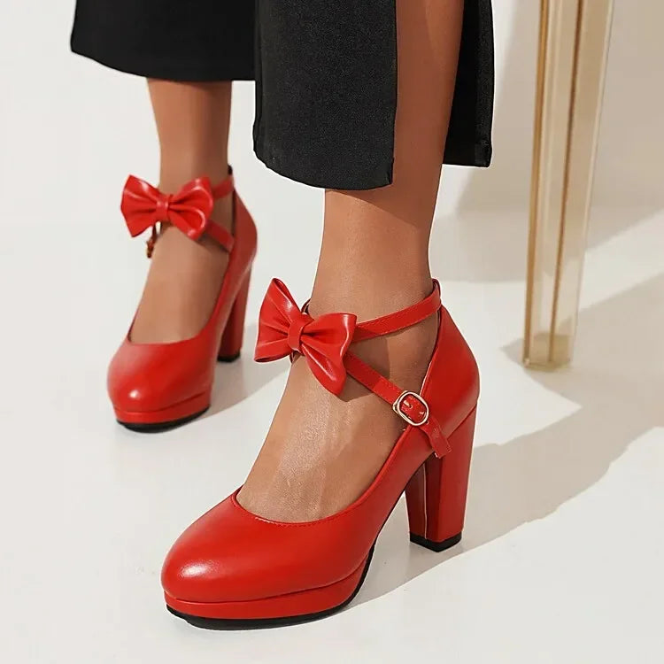 Spring and Autumn New Style Fashion Round Head High-heeled Women's Shoes Sweet Bow Shallow Mouth Buckle Thick Heel Women Shoes