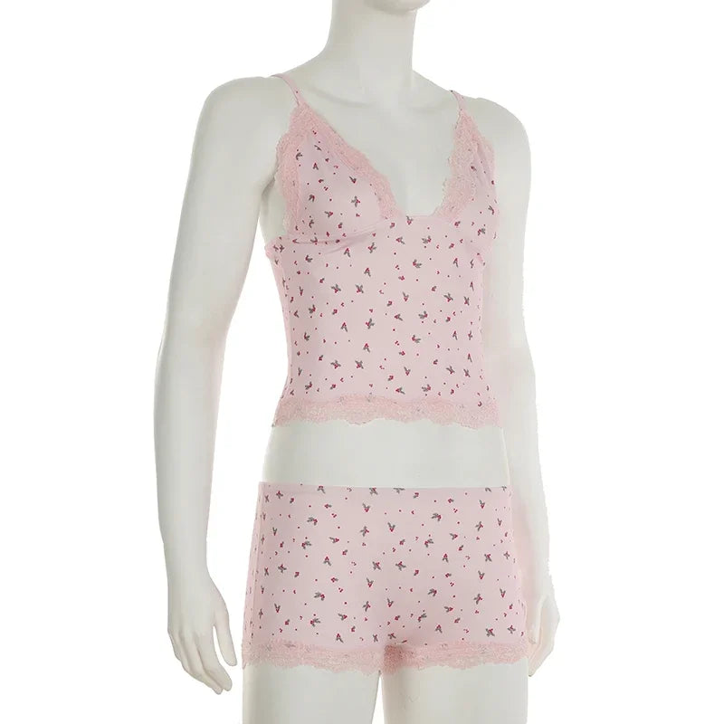 Women's Floral Lace Camisole and Shorts Pajama Set V Neck Cami Top & Lace Trim Sleepwear Loungewear Two Piece Set