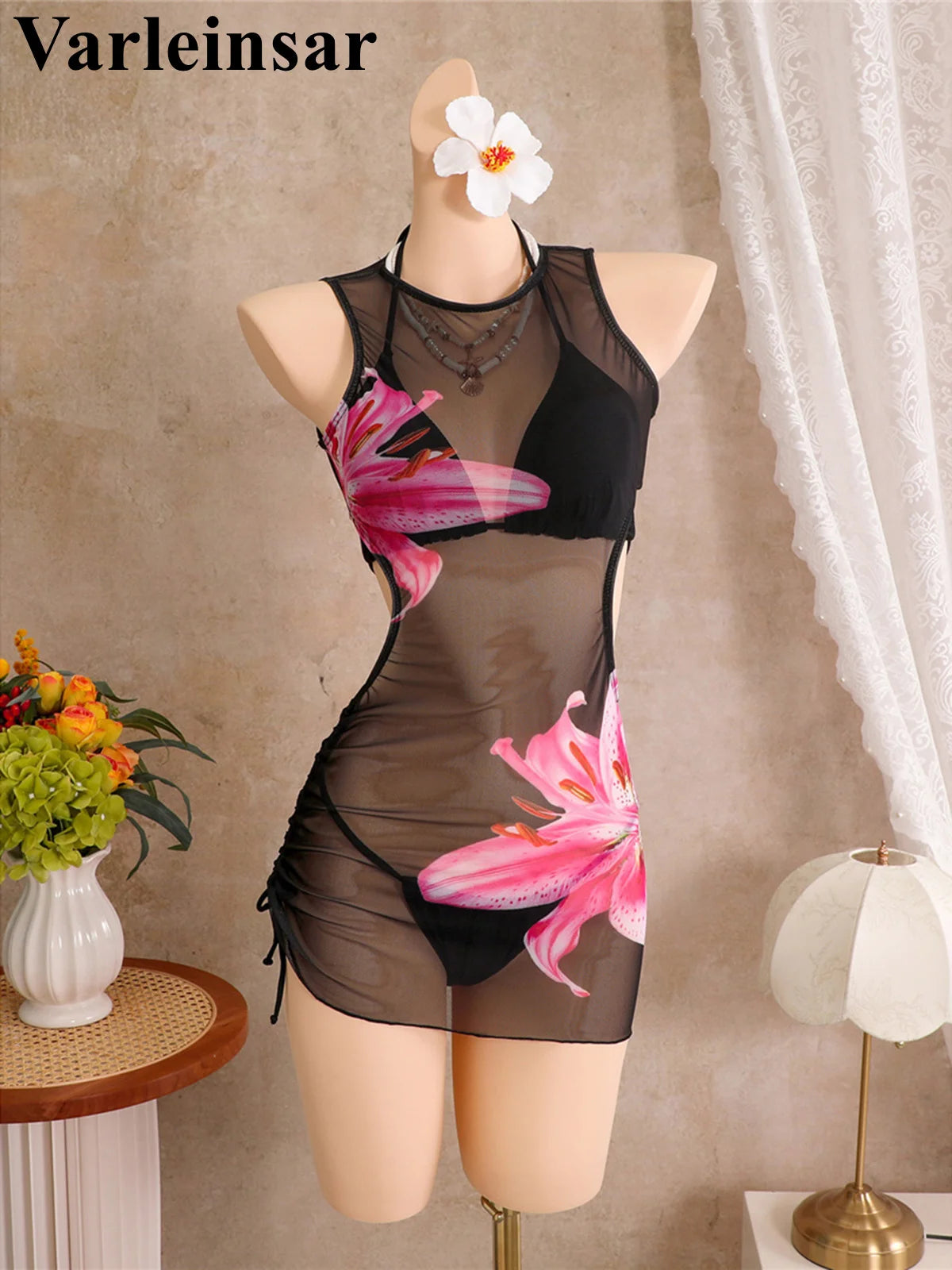 With Cover Up Flower Printed Halter Bikini Women Swimwear Female Swimsuit Three-Pieces Bikini Set Bather Bathing Suit Swim V8253