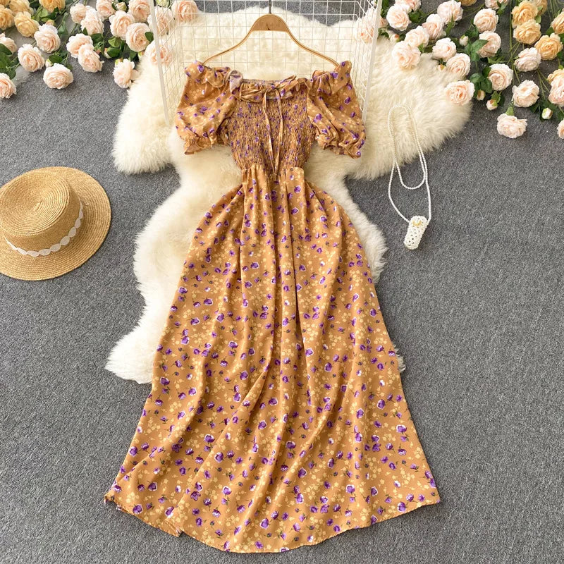 2025 Summer French Vintage Floral Dress Fashion Elegant High-Waisted Drawstring Vestidos Printed Fresh And Sweet Long Dresses