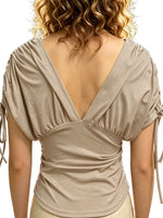 Womens Summer Solid Color Drawstring Tops Casual Stylish Ruched Slim Fit Short Sleeve T-shirts