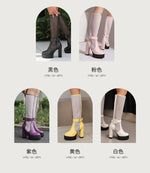 Plus Size Mesh Fabric Splicing PU High Socks Boots Ankle Buckle Ultra Thick Heel Back Zipper Breathable Summer Knee High Boots