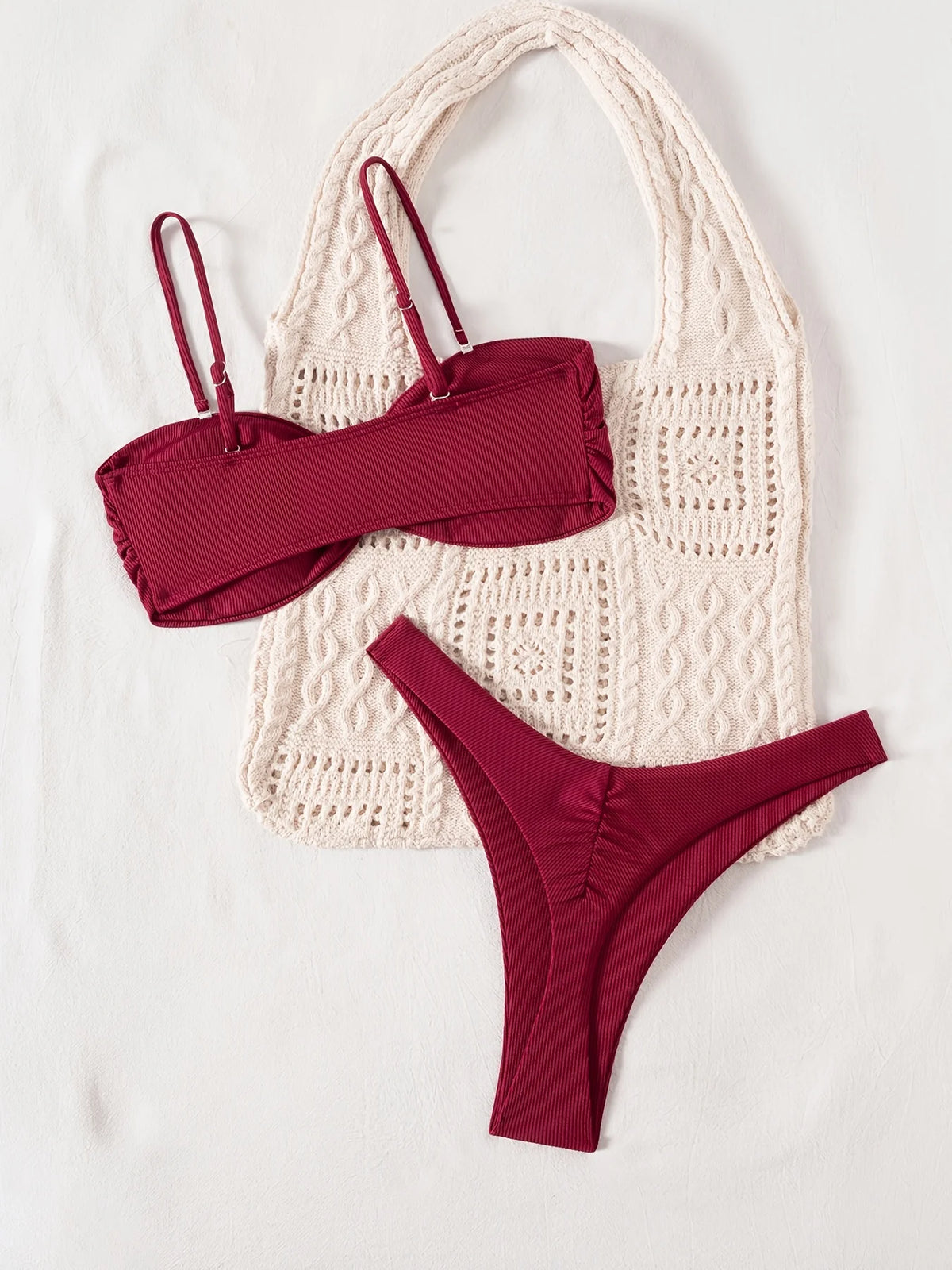 ZTVitality Wine Red Ribbed Bandeau Bikini Set Metal Buckle High Cut Thong Swimsuit Women's 2026 New Beach Bathing Suit Biquini