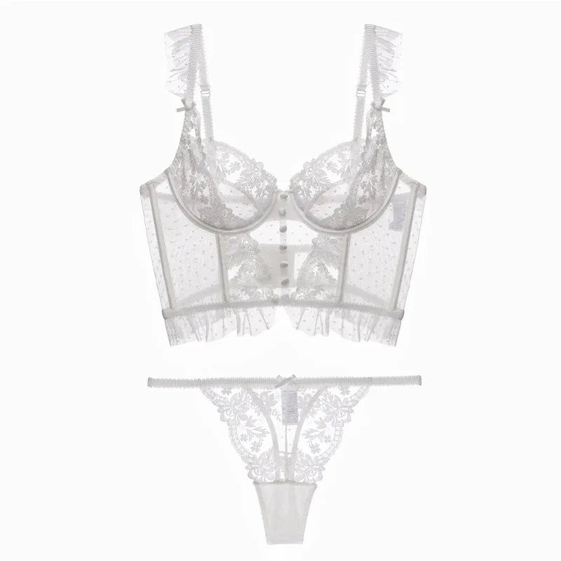 Summer French Lace Bralette Beach Set Sheer Ultra Thin Embroidered Waistcoat Thong See Through Light Support AU S-XL MOYISU BC