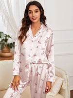 Spring and autumn long-sleeved trousers cardigan home wear set imitation silk women's pajamas can be worn outside