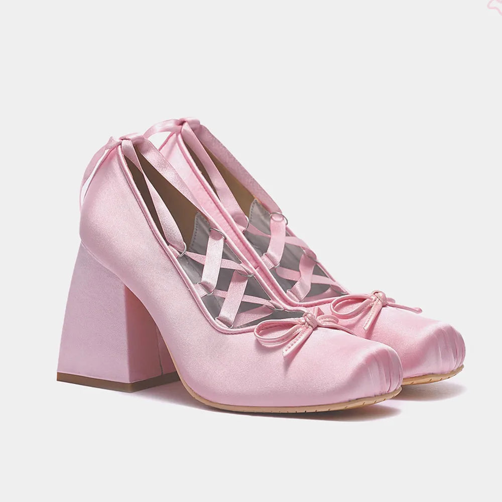 2026 y2k Block High Heels Summer Vintage Black Satin Pink Lolita Mary Janes Shoes Women Sweet Cross-tied Ballet Pumps Footwear