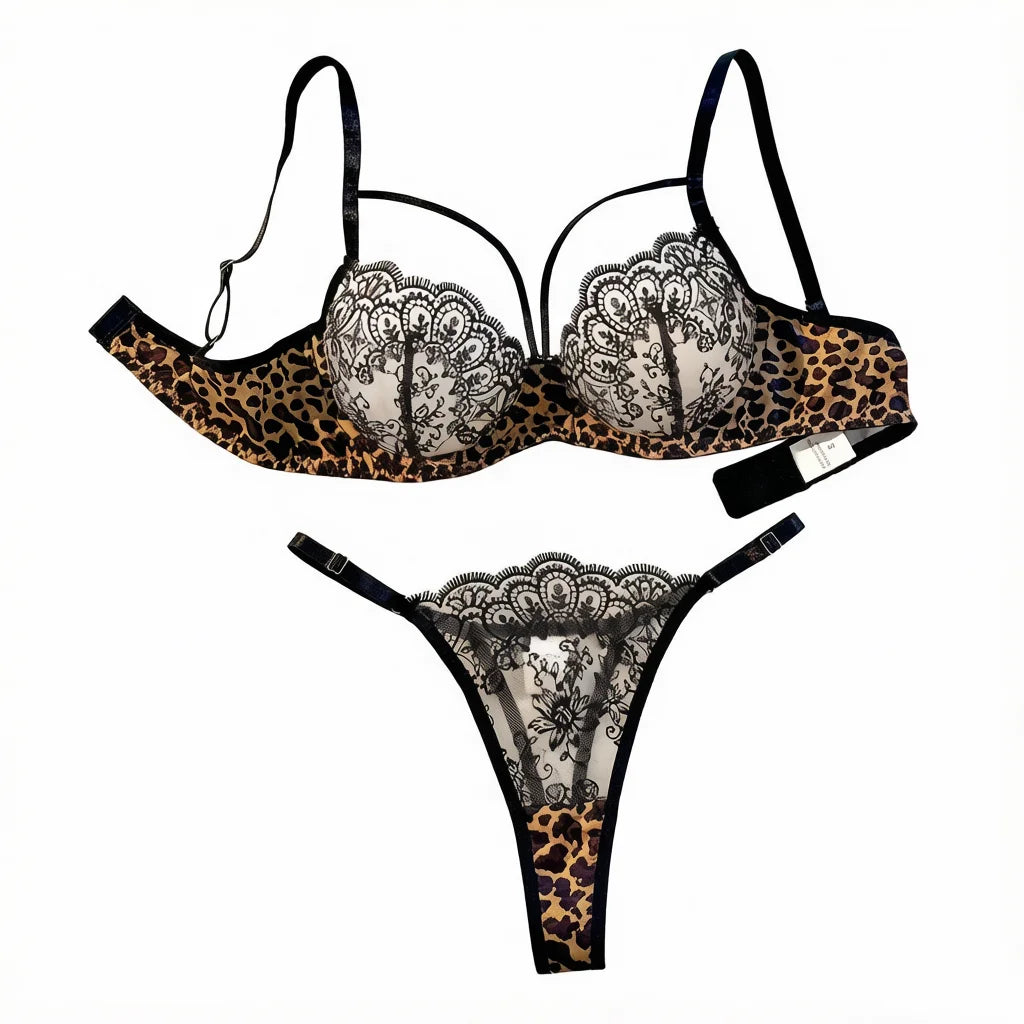 Classic Leopard Print Floral Lace Lingerie Set Underwire Bra With Matching Thong Women Sexy Intimates ZA825120