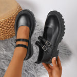 Women Double Strap Mary Janes Faux Leather Lug‑Sole Round‑Toe Vintage Preppy JK Platform Buckle Casual Daily Shoes