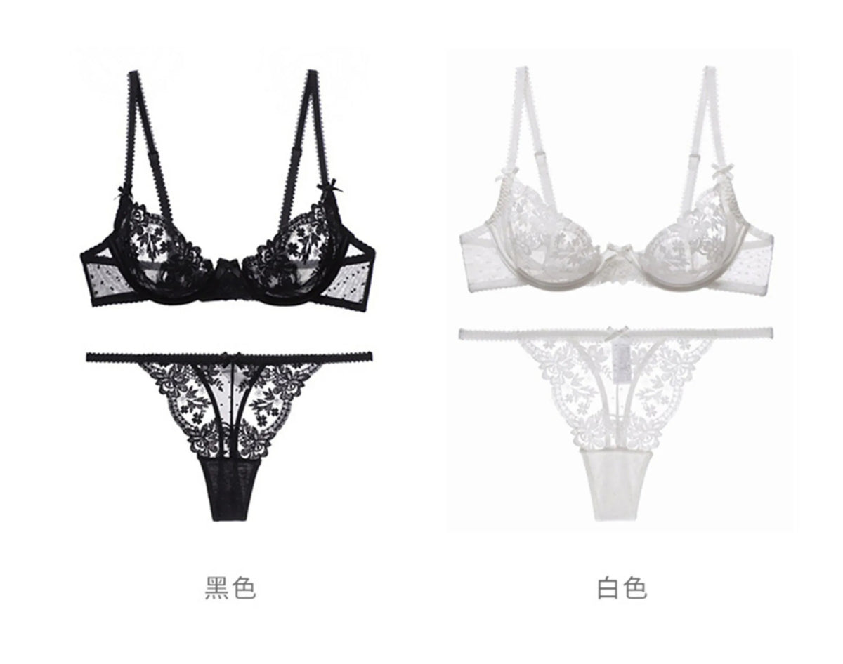 MOYISU Parisian Sheer Bralette Set - Ultra-Thin Wire-Free Bra No Padding Anti-Sag Lace Cutout Lingerie Sexy Vacation-Ready Tushy