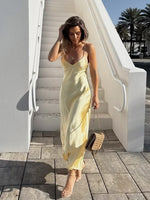 Foridol V Neck Backless Satin Long Dress Women Sexy Beach New in Maxi Summer Dress Spaghetti Strap Yellow Party Vestidos 2025