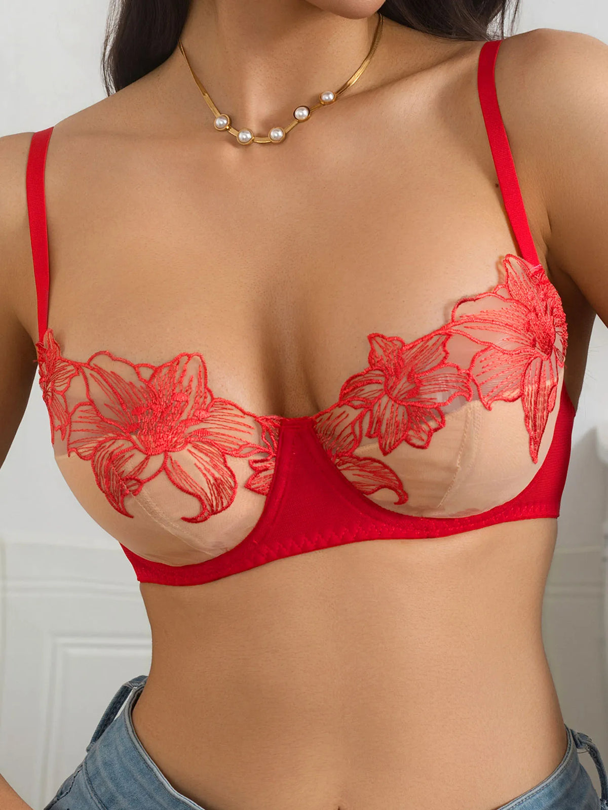 Lace Embroidered Flower Bra Perspective Sexy Pure Desire Underwear underwire see through Lingerie