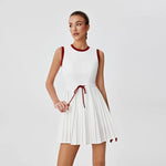 Summer Round Neck One-piece Tennis Dresses for Women White Contrast Sleeveless Drawstring Built-in Shorts Fitness Pleate Skirt