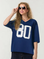 Women T-shirt V Neck Short Sleeve Numbers Print Loose Summer Tops Streetwear for Casual Daily