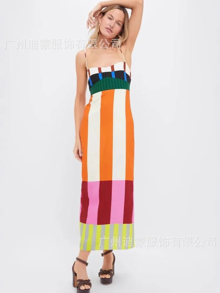 Elegant High Waist 2025 Party Long Dress Fashion Casual New Striped Colorful Women Sexy Spaghetti Strap Bohemian Mixi Dresses