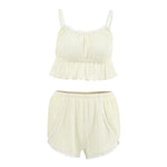Lace Trim Ruffle Hem U-Neck Strap Cable Textured Cami & Casual Shorts Loungewear Summer Pajamas Set Women Sleepwear