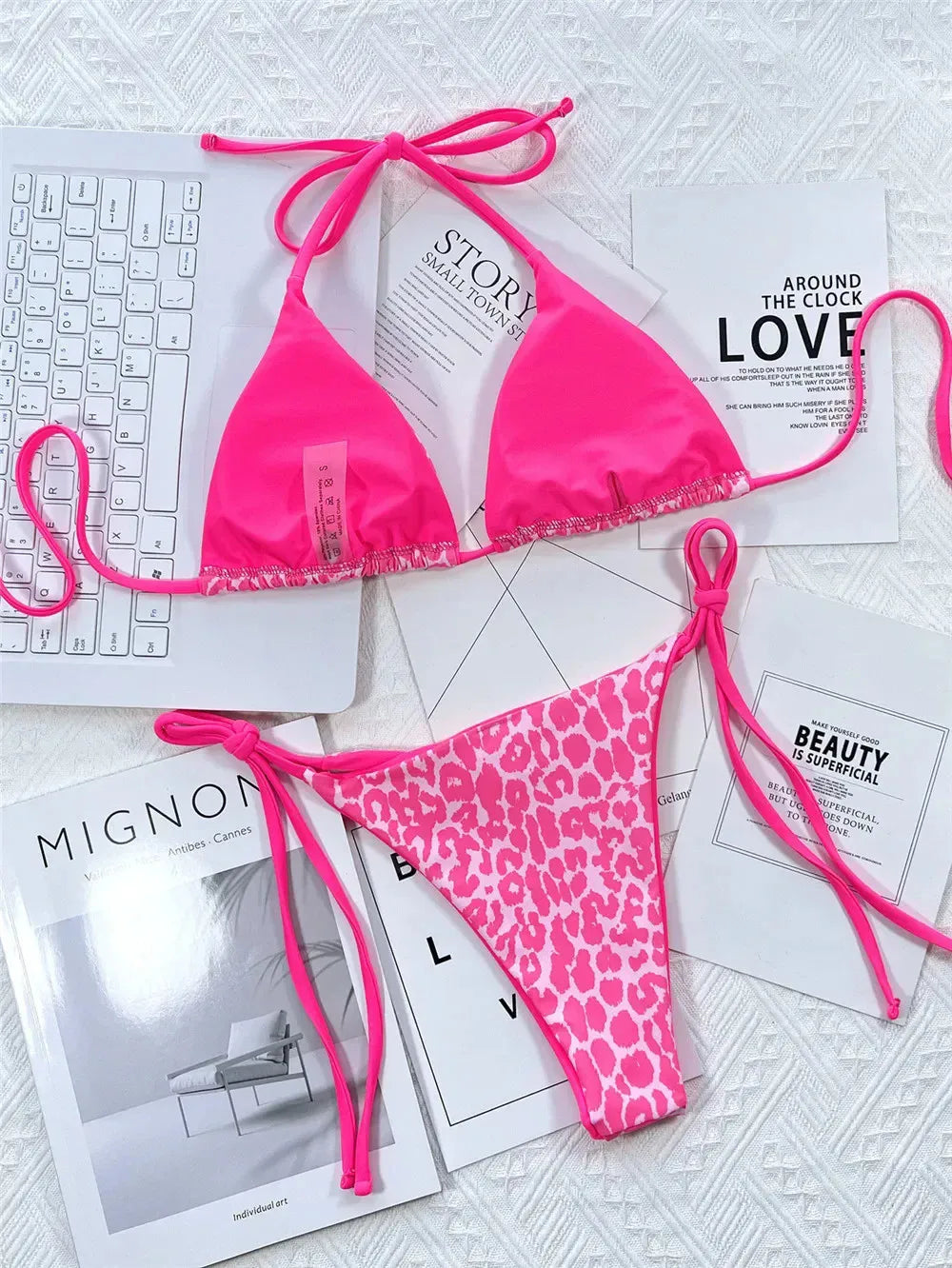 Pink Leopard Print Swimwear String Halter Triangle Bikini Set Micro Thong Sexy Swimsuit Women 2026 Bating Suit Bikinis De Mujer