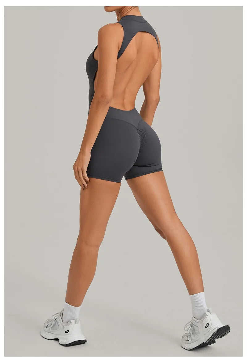 Women's Seamless Yoga Jumpsuits Sports Running Fitness Backless Sleeveless Hip-lifting One-piece Workout Gym Shorts Bodysuits