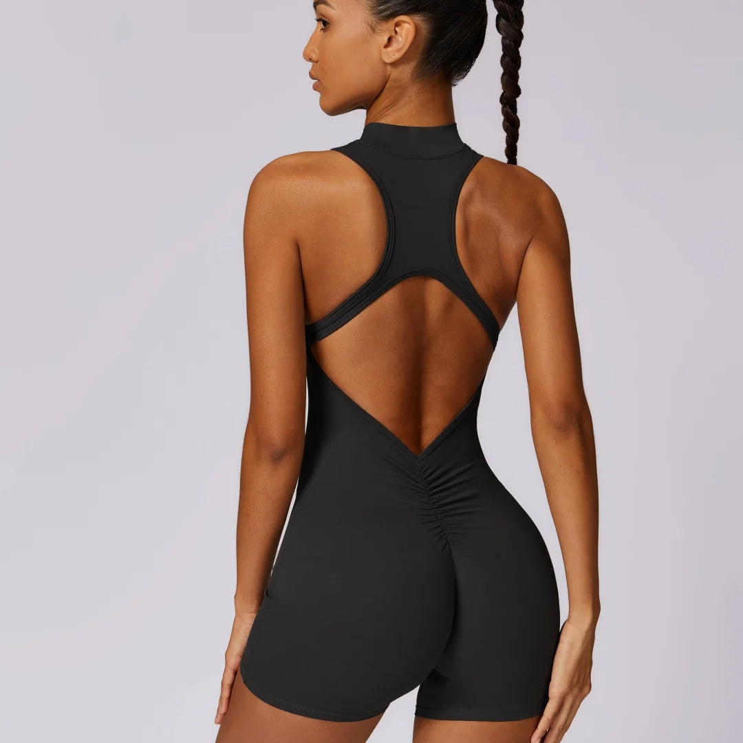 Solid Scrunch Back Waist Tight Yoga Jumpsuit Short Set Women Zipper Playsuit Gym Sportswear Fitness One Piece Sport Suit Workout