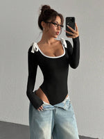 Women's Casual Color Block Slim Fit Long Sleeve Bodysuit Commuting Tie-Strap Decorate Rib-Knit Bodysuit Spring/Fall 2026