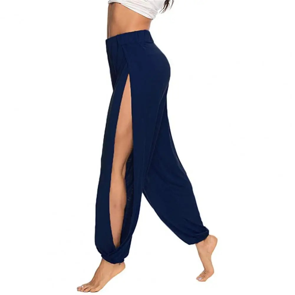 Hip Hop Style Yoga Dance Pants Women Harem Pants High Waist Side Slit Design Wide Leg Casual Trousers Solid Color