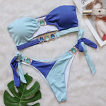 Luxuryt Bandeau Bikini 2025 Woman Sexy Orange Patchwork Cut Out Rhinestone Swimsuit Bathing Suit Thong Swimwear Traje De Baño
