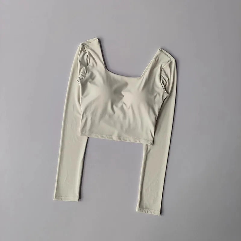 Women's Long Sleeve Yoga Top Cross Back Fitness Exercise Suit Fixed Chest Cushion Comfortable Sports Bra Top