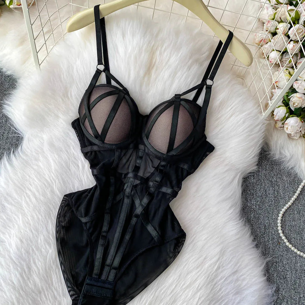 MOYISU Sexy Western Style Bodysuit for Women Sheer Net Halter Push Up Pads Summer Lingerie Figure Control See Through Hot Sale