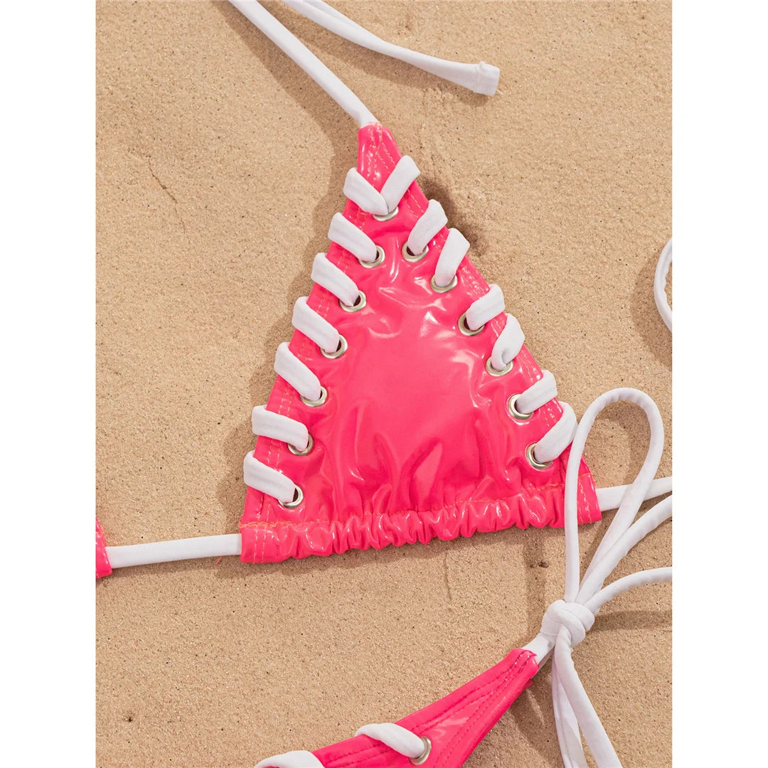 PU Faux Leather Halter Bikini Female Swimsuit Women Swimwear Two-Pieces Bikini Set High Cut Leg Bather Bathing Suit Swim V8095