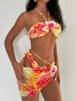 3D Flowers with Mesh Skirt Halter Bandeau Bikini Women Swimsuit Female Swimwear Three-pieces Bikini Set Bathing Suit Beachwear
