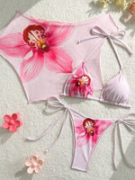 Sexy Pink Floral Print Short Sleeve Cover Up 3 Piece Bikini Set 2026 Women Push Up Thong Swimsuit Holiday Bathing Suit Swimwear