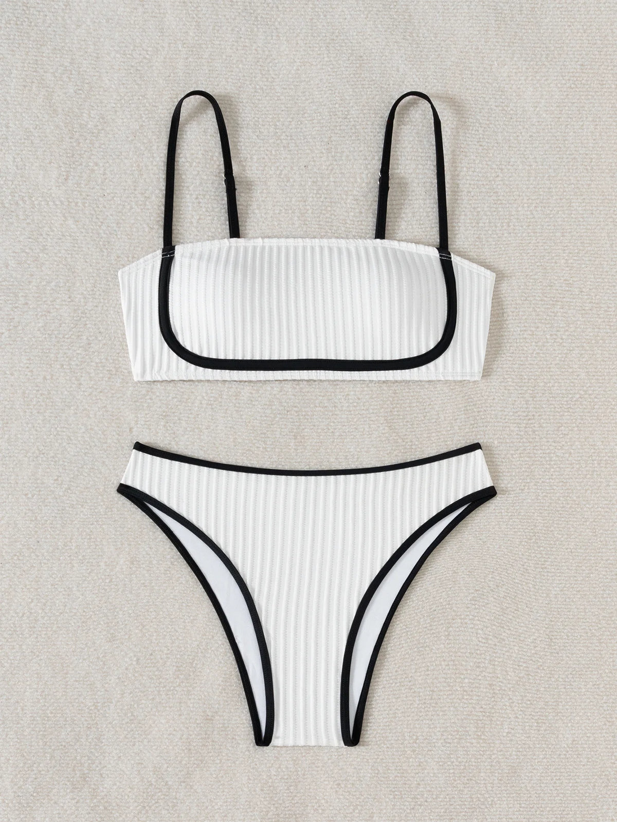 2025 Rib Piping Bandeau High-Rise Bottoms Bikini Set Trendy Beachwear Straight Neckline High Rise Swimwear Swimsuit Bathing Suit