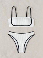 2025 Rib Piping Bandeau High-Rise Bottoms Bikini Set Trendy Beachwear Straight Neckline High Rise Swimwear Swimsuit Bathing Suit