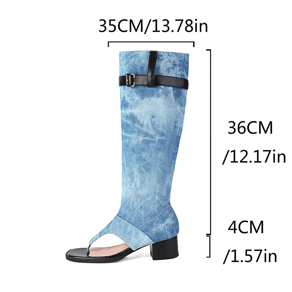 2025 Brand Plus Size 48 Trendy Denim Blue Gladiator Sandals Women Chic Black Chunky HeelsFashion Comfy Walk Summer Boot Shoes