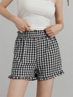 Women's Plaid Shorts Casual Loose Fitting Elastic Waist Shirred Ruffled Trim Short Pants Lounge Shorts