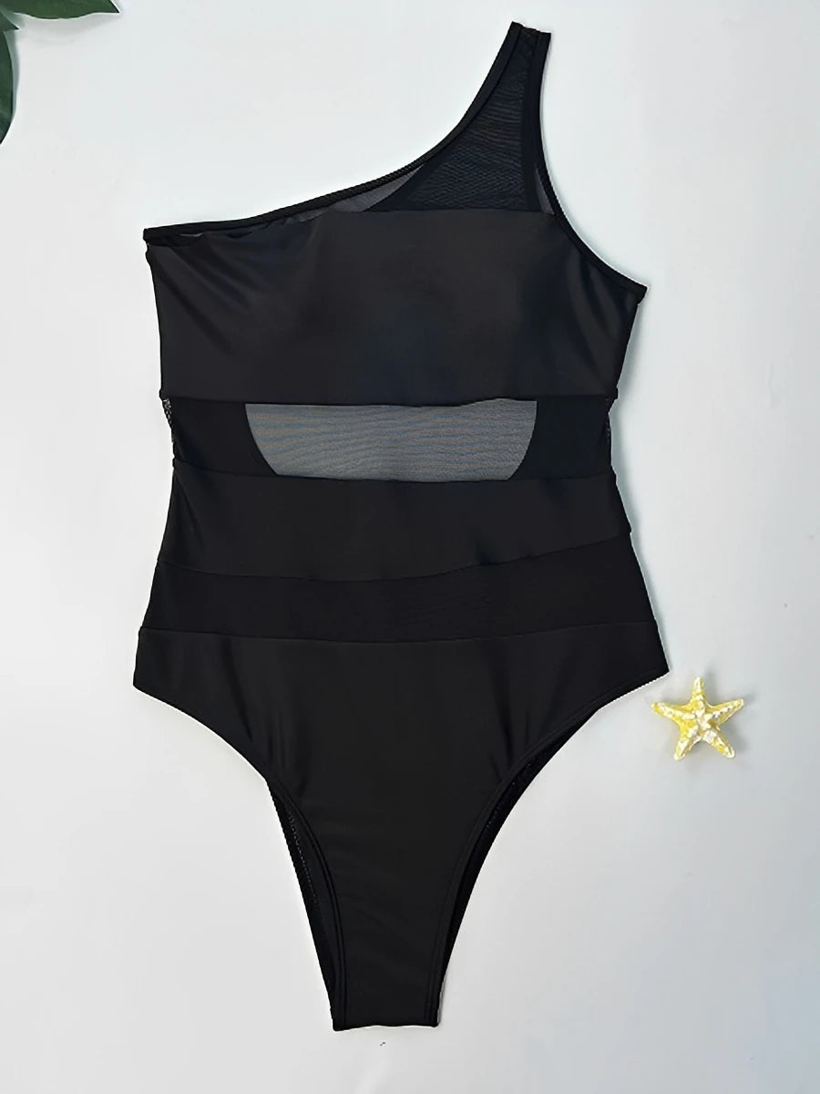 2026 Mesh Swimsuit Women One Piece Shoulder Padded Swimwear Female Sexy Bathers Bathing Swimming Swim Suit Beachwear XL