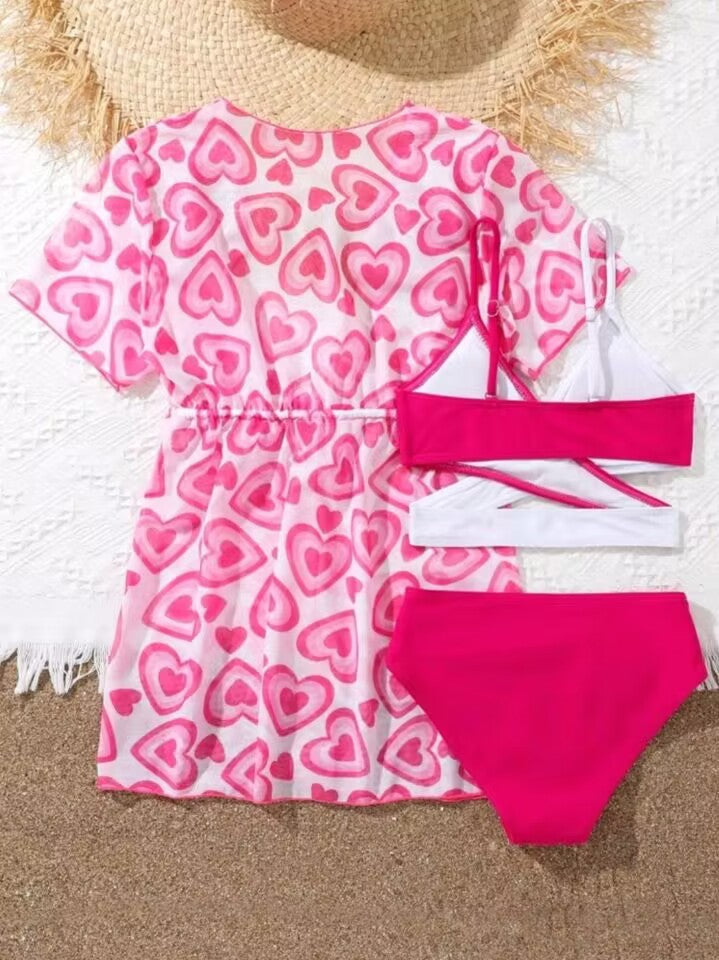 Girls 3pack Heart Print Cross Wrap High Waist Bikini Kids Swimsuit&Kimono 7-12 Years Children's Swimwear 2024 Teens Bathing Suit