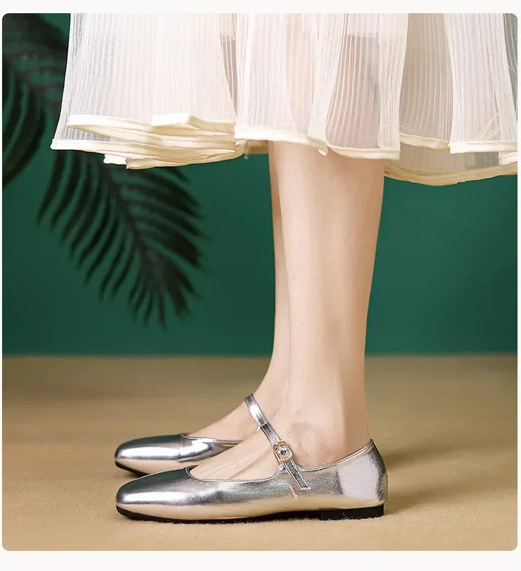 2025 Elegant Woman Square Toe Lolita Lady Barefoot Boat Gold Flats Elegant Soft Sole Ballerina Party Mary Jane Shoes