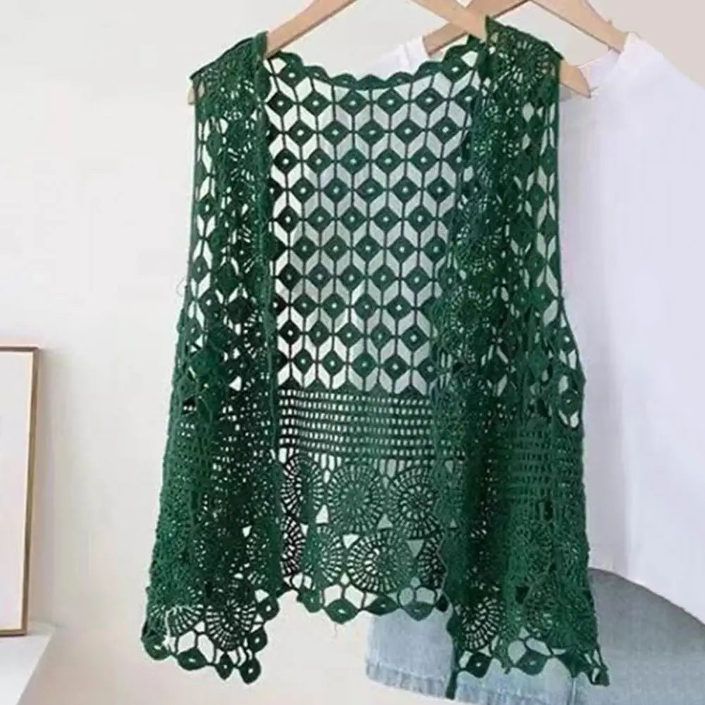 Women Summer Vest Hollow Out Retro Knitted Crochet Sleeveless Loose Open Stitch Thin Cardigan Daily Outwear Coat Top