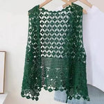 Women Summer Vest Hollow Out Retro Knitted Crochet Sleeveless Loose Open Stitch Thin Cardigan Daily Outwear Coat Top