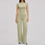 Yoga Set 2 Pieces Women's Tracksuit Short Sleeve O Neck Slim Sports T Shirts High Waist Flare Leggings Gym Running Fitness Suit