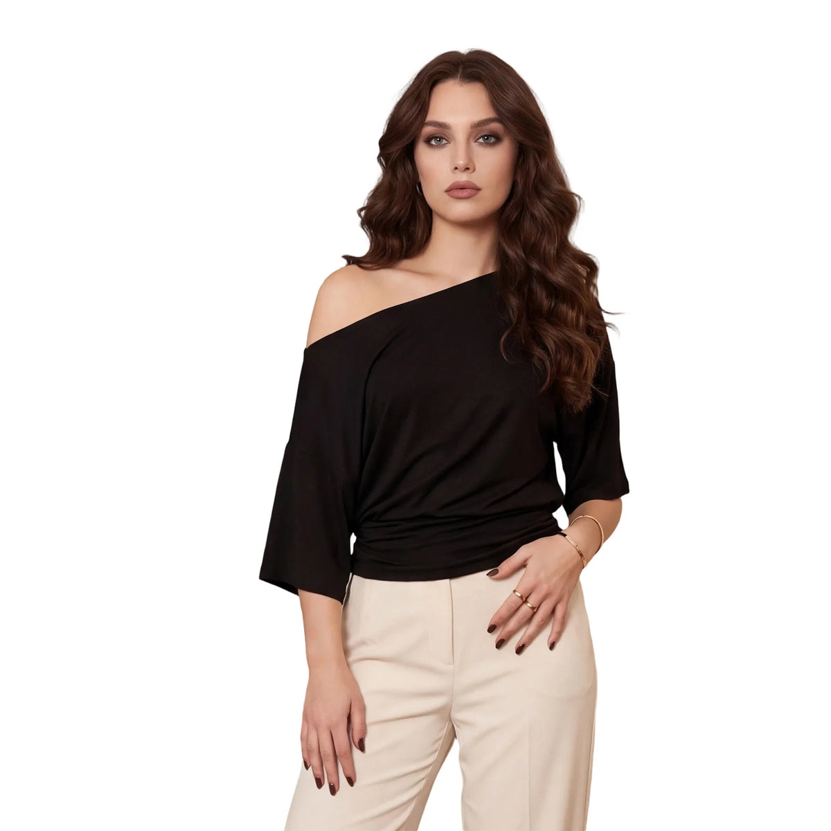 Women's Solid Color Going out Tops Off-Shoulder Tops Trendy Fitted Waist Ruched Short Sleeve T-shirts for Streetwear