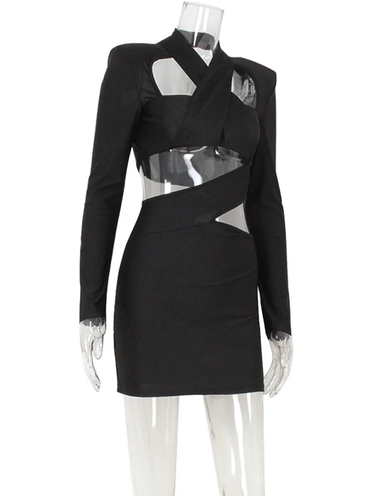 Ahagaga Sexy Club Women's Mini Dresses Solid Hollow Out V-Neck Regular Long Sleeves Sheath Bodycon Slim Fit Streetwear Vestidos