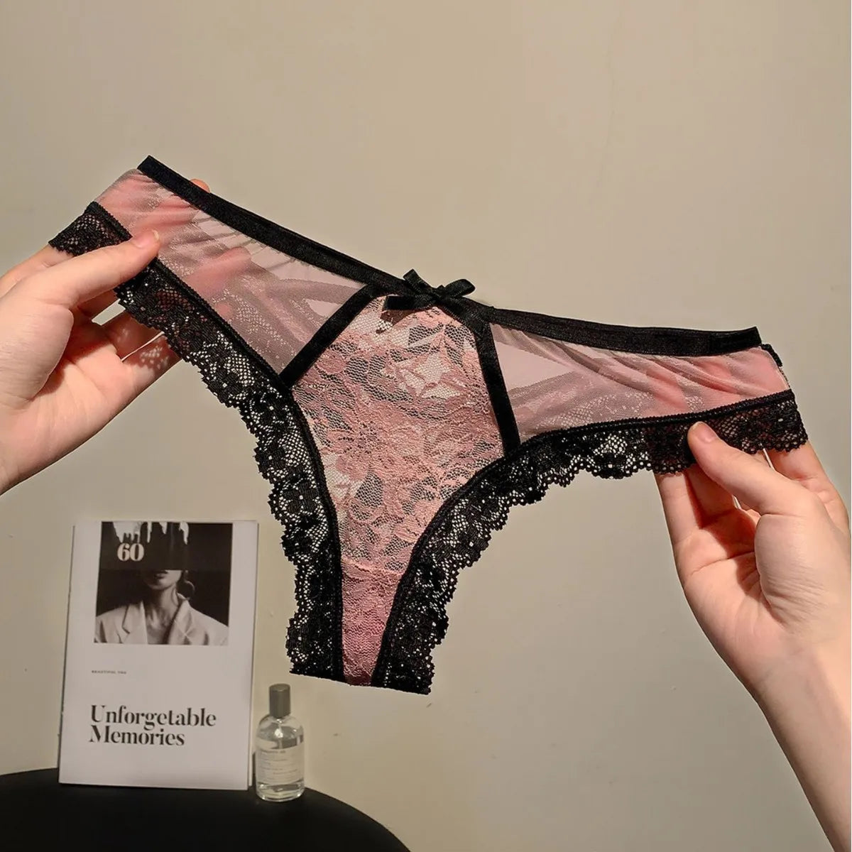 Women’s Flower Embroidery Sexy Thong Spicy Girl Lace Transparent Underpants Thin Summer Hollow Out Panties Bow Briefs